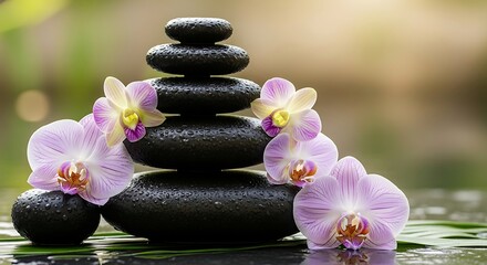 Balanced zen stones and delicate orchid flowers on water for spa therapy and relaxation
