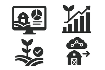 Farm Data Analytics Vector Icons Set. Solid Filled Agriculture Tech Symbols for Crop Growth Tracking, Predictive Modeling, Data Dashboard, Bar Chart, Smart Farming, Agri Business Solution