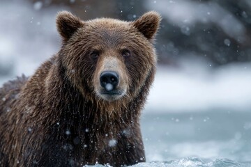 Brown bear halfsubmerged facing forward in cold water with snowflakes