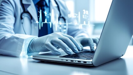 Doctor using laptop with futuristic medical data visualization overlay