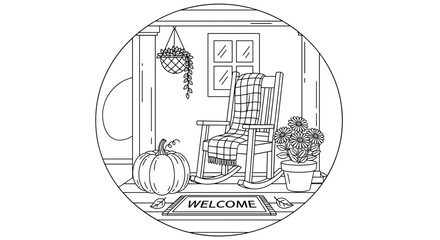 Autumn porch with rocking chair pumpkin and welcome mat illustration