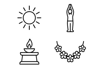 Sun Salutation icon set. Surya Namaskar line art. Yoga practice and Hindu solar worship concept. Vector icons of sun, person in pose, altar with diya lamp, flower garland.