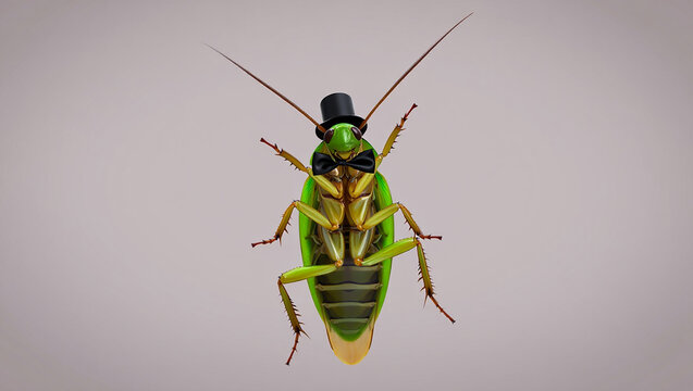 Green insect wearing a black top hat against a light background