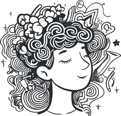 Black and white line art illustration of a woman with curly hair and a flower crown, eyes closed, smiling peacefully.