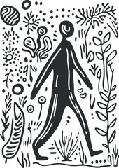 Obraz premium Abstract black silhouette figure walking surrounded by decorative plant and nature line art elements on white background
