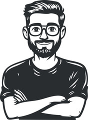 Obraz premium Illustration of a confident young man with glasses and beard smiling with crossed arms