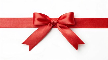 Fototapeta premium Red ribbon with bow on white background. Top view, copy space