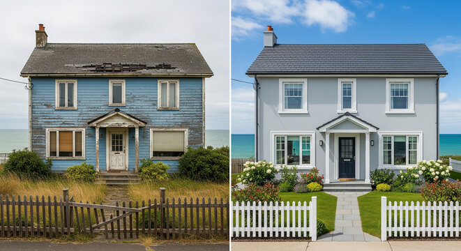 Before and after photo of a seaside cottage renovation