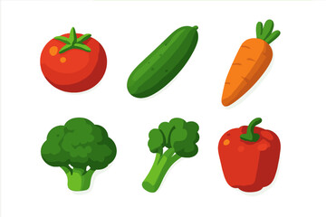 Isometric flat vegetable icon set featuring fresh tomatoes, cucumbers, carrots, broccoli, bell peppers, healthy food assortment, natural produce vector illustration on transparent background