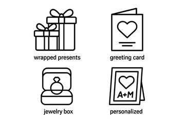Anniversary gift icon set. Outline vector icons for love, celebration, and romance. Includes wrapped presents, greeting card, engagement ring, and personalized frame.