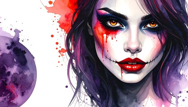 Watercolor portrait of a woman with dramatic makeup, featuring stitches and blood-like drips
