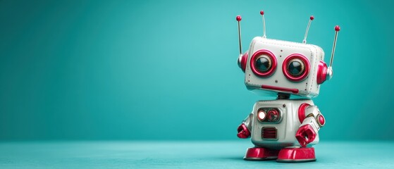The adorable retro robot standing against a vibrant teal background.