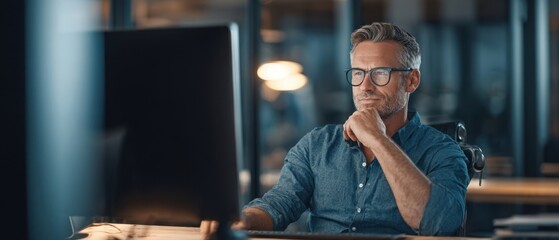 The thoughtful man working on a computer in a modern office environment.
