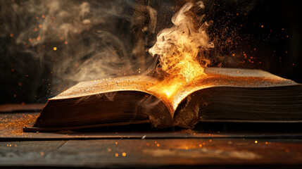 Obraz premium Mystical book opens, releasing swirl of golden dust and sparks, creating enchanting atmosphere filled with magic and wonder. scene captures essence of imagination and storytelling