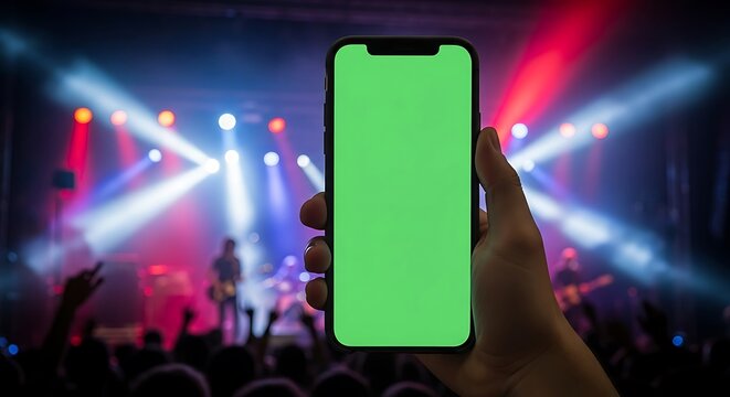 Hand holding a smartphone with a green screen for mockups at a live music concert.