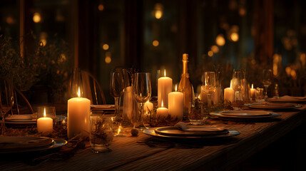Elegant candlelight dinner table setting with wine glasses and champagne bottle glowing in a warmly illuminated sophisticated atmosphere for a memorable event or romantic occasion