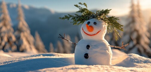 The charming snowman adorned with greenery in a winter wonderland scenery.