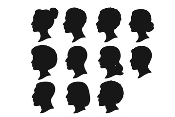 Cameo silhouette collection of diverse people. Head profiles set. Man and woman face in side view. Anonymous user portrait icon. Multicultural people vector illustration.