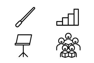 Choral Icon Set with Conductor Baton, Choir Riser, Music Stand, and Group of Singers Outline Vector Illustration for Choir and Ensemble Formation