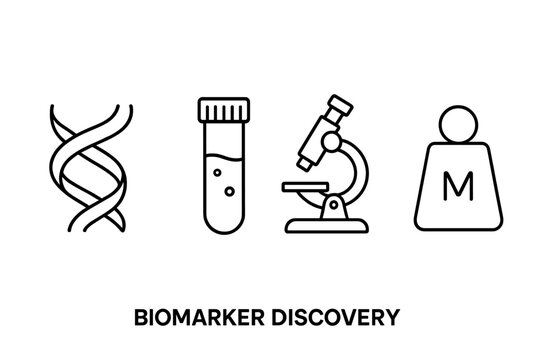 Biomarker discovery outline icon set. Vector symbols for scientific research, medical diagnostics, and genetic analysis. Includes DNA, test tube, and microscope icons.