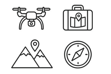 Drone and Travel Outline Icons Set of 4 – Flat Line Art Symbols for Adventure, Navigation, Exploration, Hiking, Mapping, GPS, Compass, Mountains, and Outdoor Activities Vector Illustration
