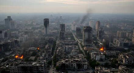Fototapeta premium Aerial View of War-Torn Cityscape Devastation and Destruction