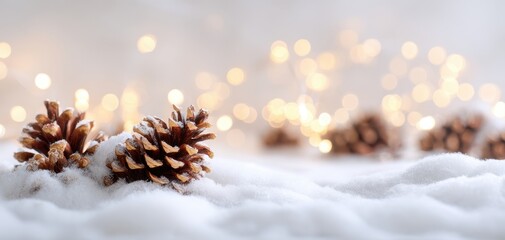 The pinecones nestled in snow with twinkling lights creating a festive ambiance