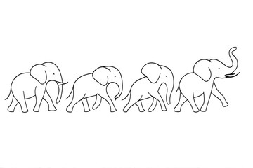 Elegant elephant family walking in a line. Minimalist continuous line art drawing showcasing a herd in graceful movement. Simple black and white vector icon or logo.