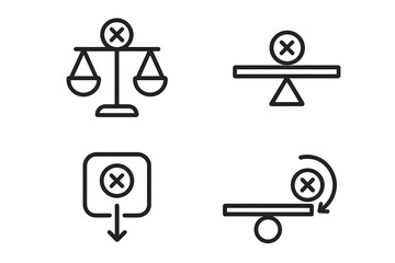 Fototapeta premium Center of gravity icons set. Physics and mechanics concepts. Outline vector illustration of balance scale, fulcrum, stability, weight, mass, and torque. Minimal linear design.