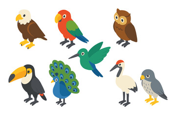 Fototapeta premium Isometric Bird Icon Set with Eagle, Parrot, Hummingbird, Falcon, Toucan, Peacock, Owl, Crane, Vector Flat Avian Fauna Illustrations