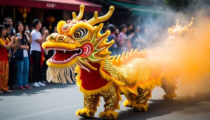 Fototapeta premium Traditional chinese dragon dancing in the street during chinese new year celebrations surrounded by smoke