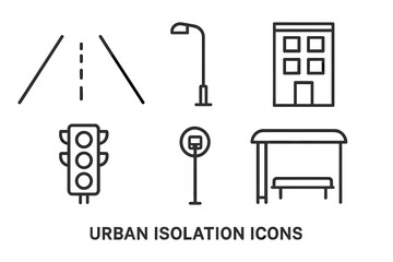Urban Isolation Icons Set, Outline Vector of Empty Street, Street Lamp, Building Facade, Traffic Light, Bus Stop, Urban Elements, City Infrastructure