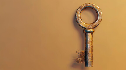 Antique key with round handle and intricate details, resting against warm, neutral background. key aged texture and design evoke sense of history and mystery