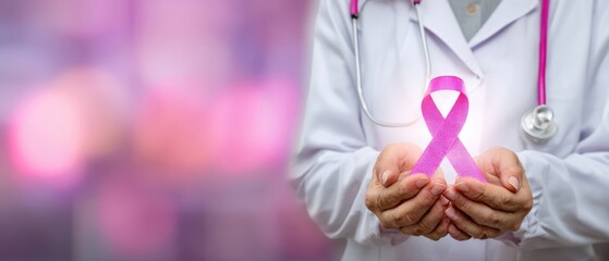 The doctor holding a pink ribbon symbolizing cancer awareness and support