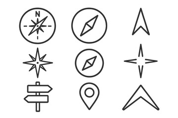 Compass navigation direction line icon set. Vector symbols for travel, map, and location. Arrow, pin, signpost, and guide elements. GPS orientation outline icons.
