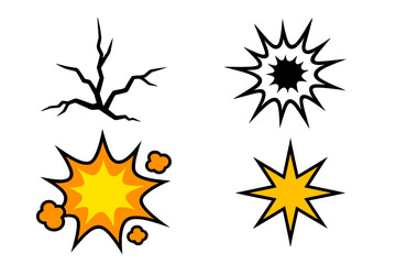 Explosion vector set with crack, bullet hole, burst graphics. Comic book bang, pow, and boom effects. Cartoon pop art illustration for damage, impact, or smash concepts.