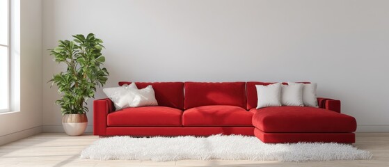 The stylish red sofa enhancing a modern living room atmosphere.