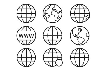 Globe icons vector set. World earth planet symbols collection. Line art for internet, web design, logo, app. Global communication, network, www, and travel concept.