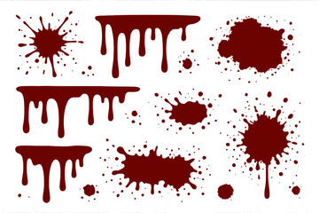 Blood splatter vector set. Red drops and drips illustration. Horror, crime, and Halloween theme design elements. Grunge paint splat and stain collection isolated on white.