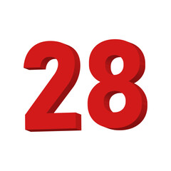 3D Red Number 28 Text Vector on White Background

