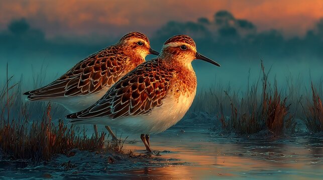 Two striking sandpiper birds wading gracefully in shallow water at twilight, showcasing unique plumage details