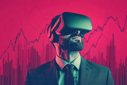 Businessman Utilizing VR Headset for Mortgage Rate Comparison and Financial Visualization