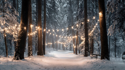 Enchanted winter forest scene with snow laden trees and magical string lights creating a festive cozy atmosphere for outdoor winter celebrations and seasonal holiday backgrounds