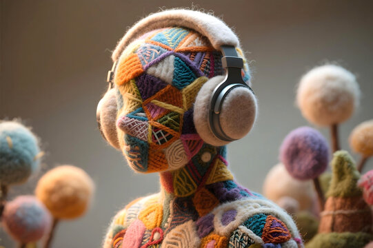 Wool yarn art sculpture of autistic child boy with headphones colorful stitched textures representing sensory calm neurodiversity and autism awareness