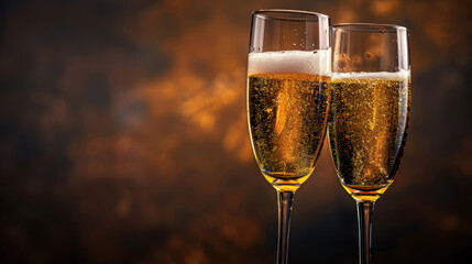 Cheers to celebration with two elegant champagne flutes filled with sparkling golden beverage, capturing essence of joy and festivity in warm, inviting atmosphere