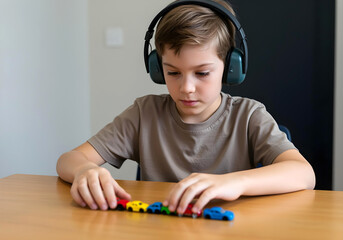 Autistic child boy with noise cancelling headphones lining up toy cars on the table focusing in sensory play and repetitive behavior
