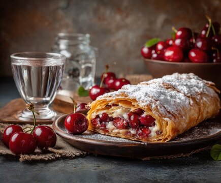 Homemade fragrant autumn cherry strudel, on the table, with space for copying