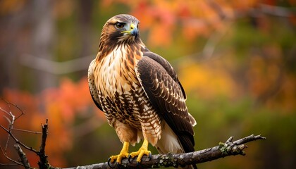 Majestic red-tailed hawk perched with autumnal color in the background