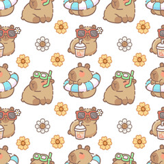 Obraz premium Cute Summer Capybara Seamless Pattern – Transparent PNG Background with Floaties, Boba, Sunglasses, Goggles, and Flowers