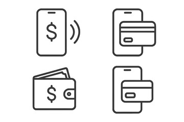 Finance line icon set. Mobile payment, contactless transaction, digital wallet, credit card icons. Online banking, e-commerce, and money transfer outline vector symbols.